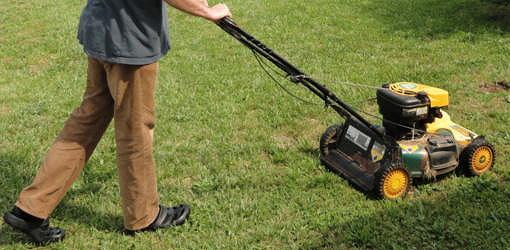 Mowing grass in yard with lawn mower