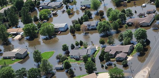Aerial view of flooded homes.